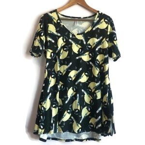 LULAROE Irma Blue Yellow Bird Print Scoop Neck A line Tunic Top Size M EUC